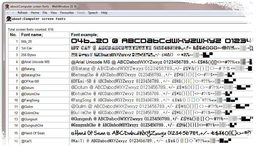  WebWindow version 2.11.0038 
 (about:Computer screen fonts) 
 Click to enlarge. 